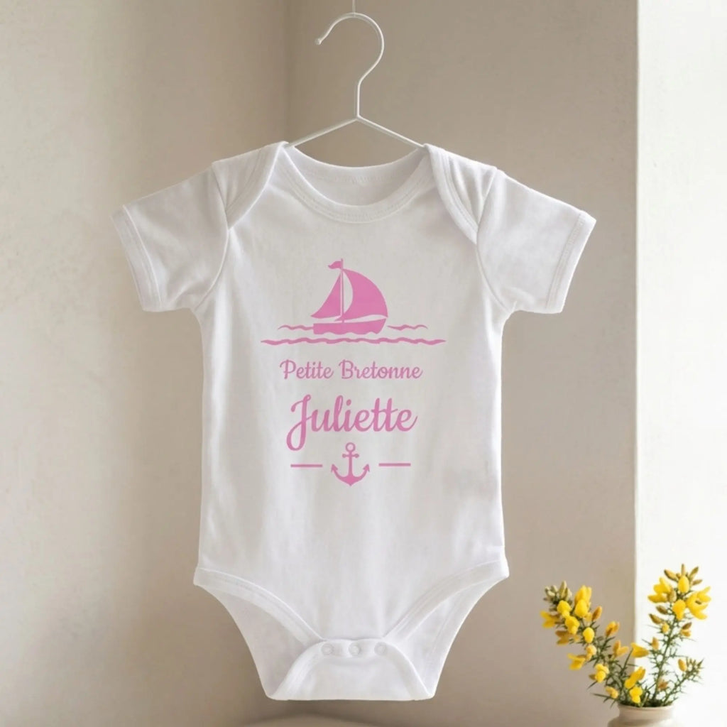 body bebe fille personnalise petite bretonne bateau rose clair