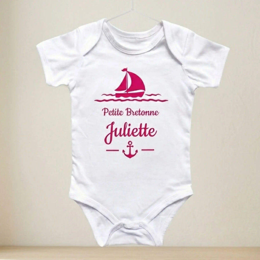 body bebe fille personnalise petite bretonne bateau rose framboise