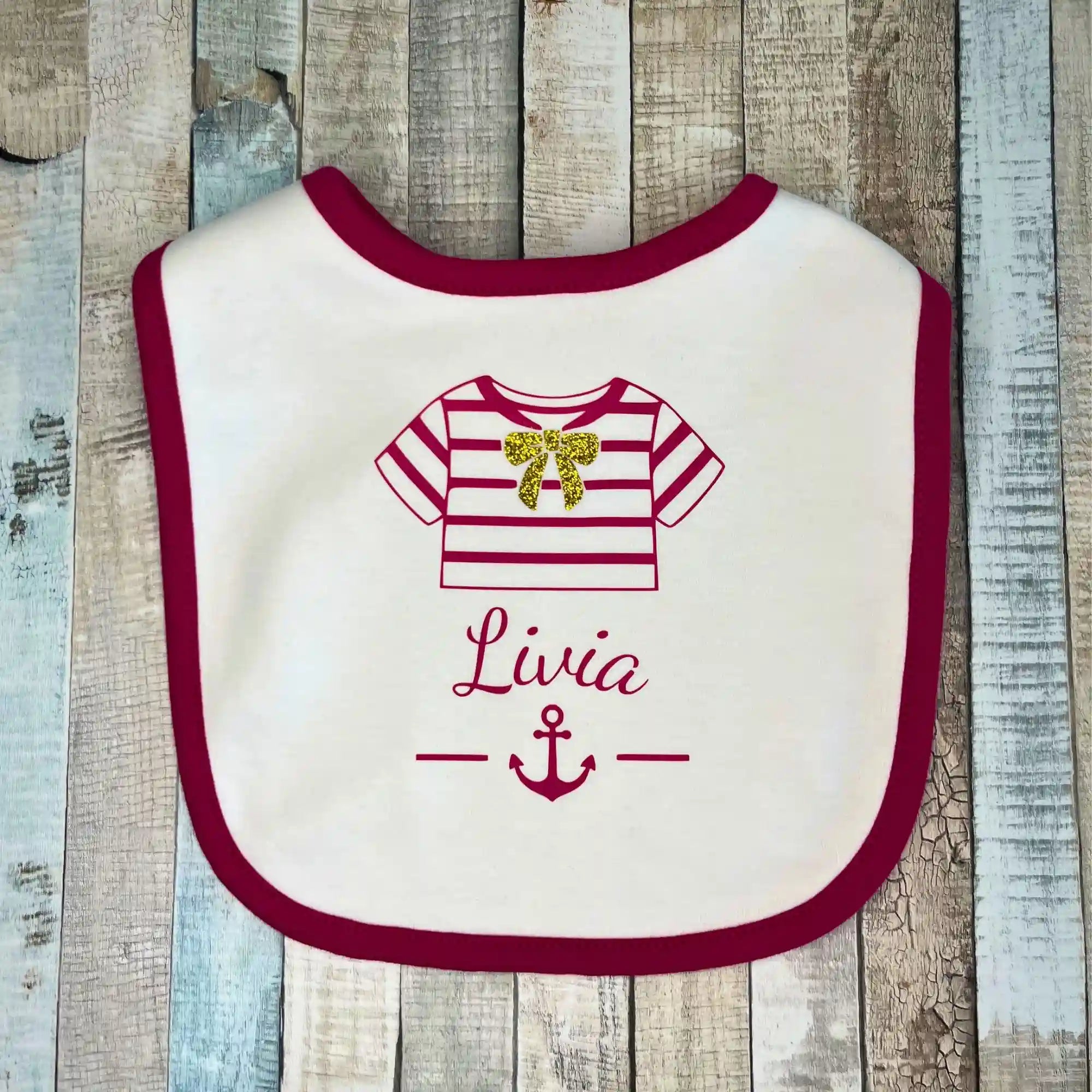Bavoir bébé personnalisé style marinière et ancre marine