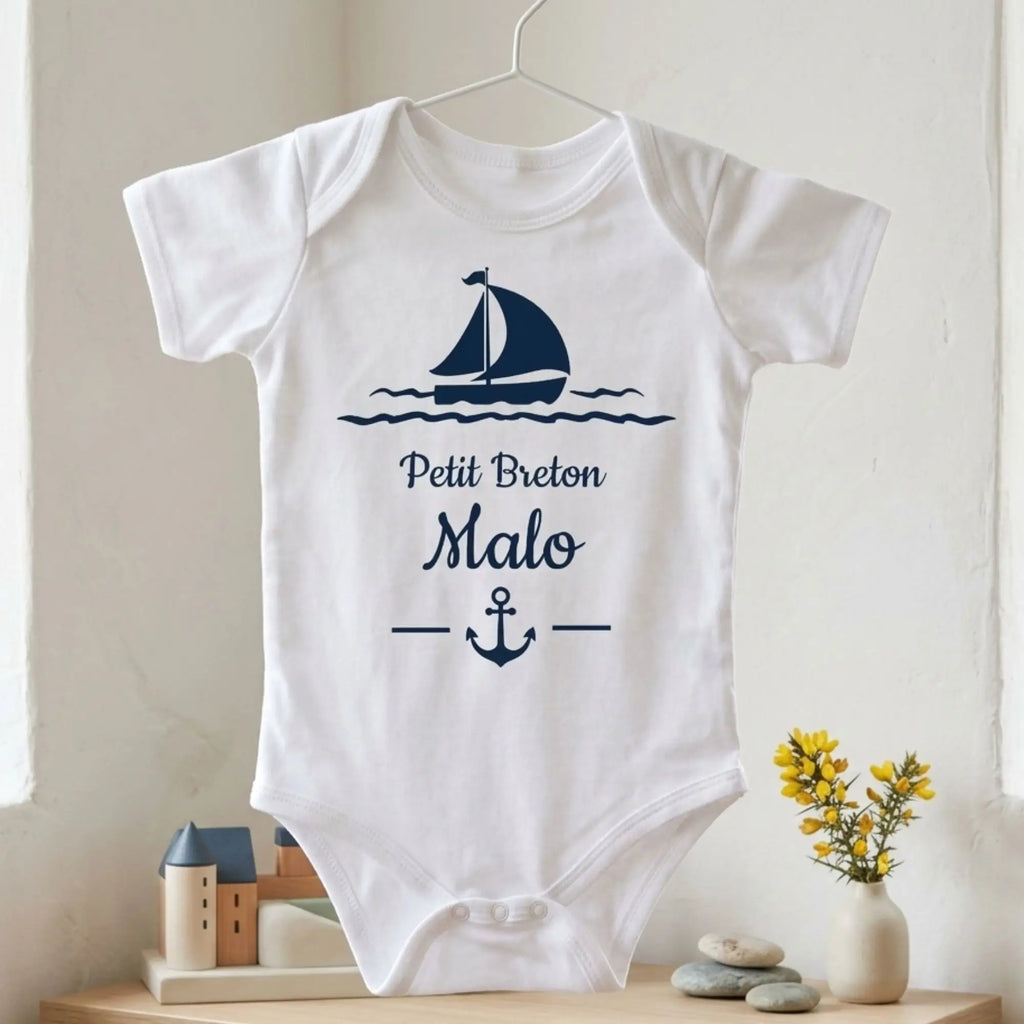 Body bebe personnalise petit breton bateau voilier bleu marine