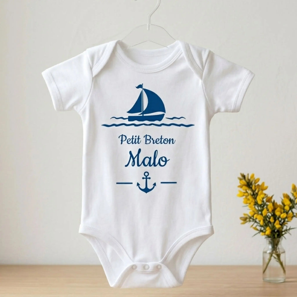 Body bebe personnalise petit breton bateau voilier bleu royal