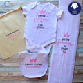 Coffret cadeau bébé : body personnalisé, bavoir, lange et pochon