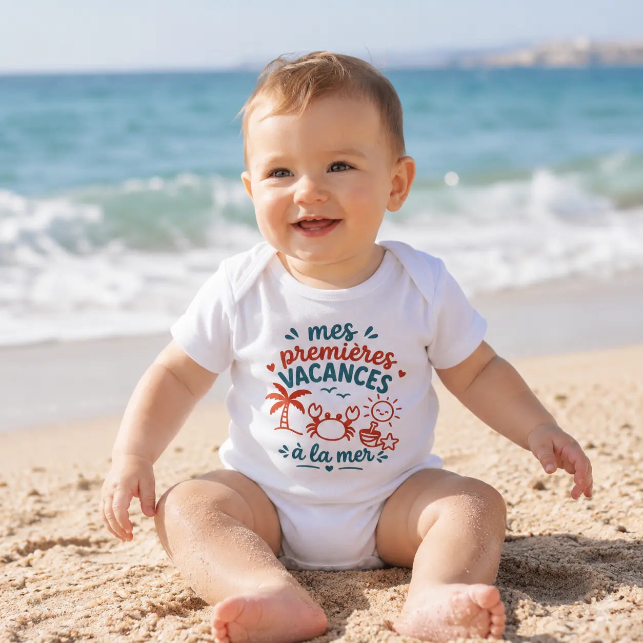 Body blanc pour bébé Mes premières vacances à la mer imprimé en Bretagne