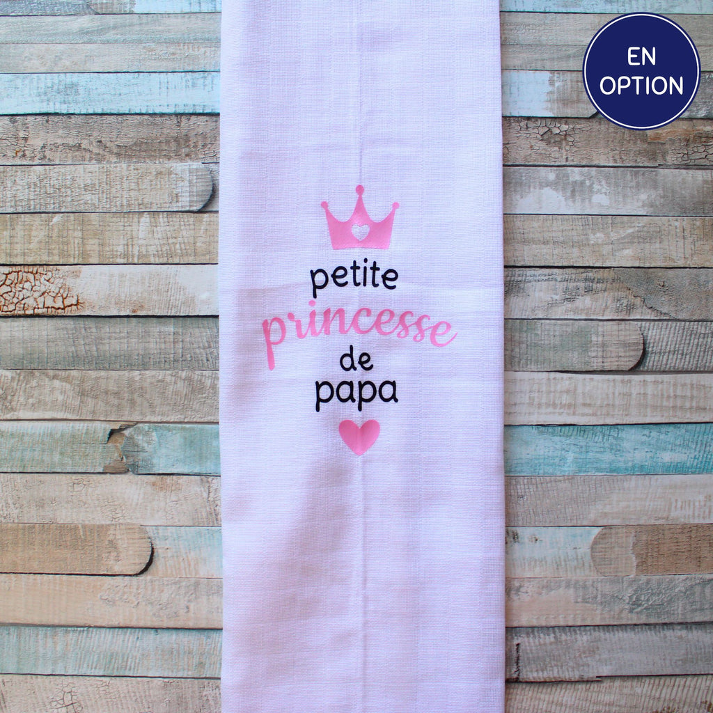 Lange en mousseline de coton blanc personnalisé Petite princesse de papa, doux et respirant.