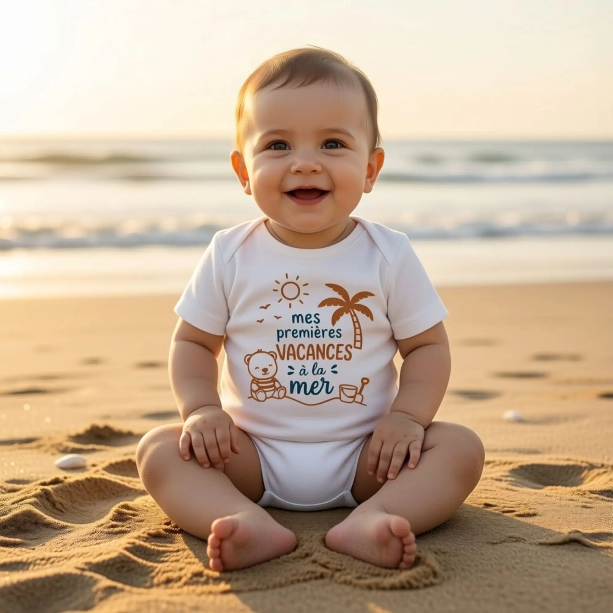 Body blanc pour bébé Mes premières vacances à la mer imprimé en Bretagne