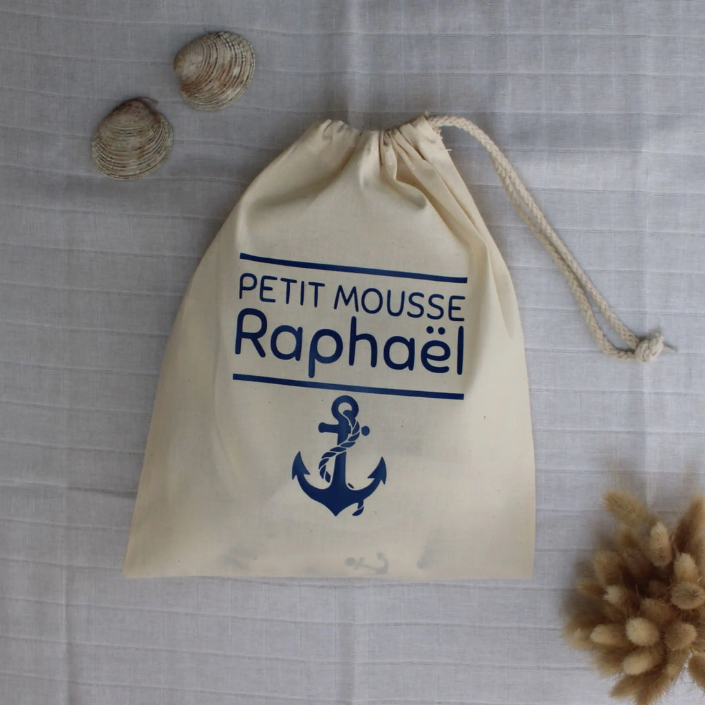 pochon en coton personnalisé inscription petit mousse et ancre marine