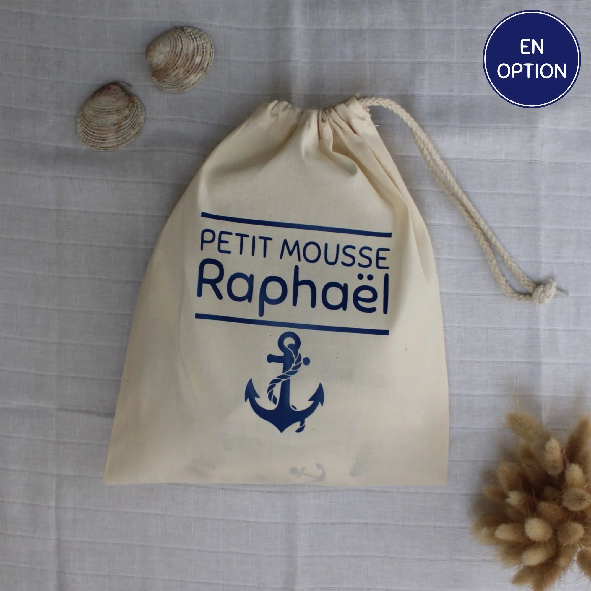 pochon en coton personnalisé inscription petit mousse et ancre marine en option