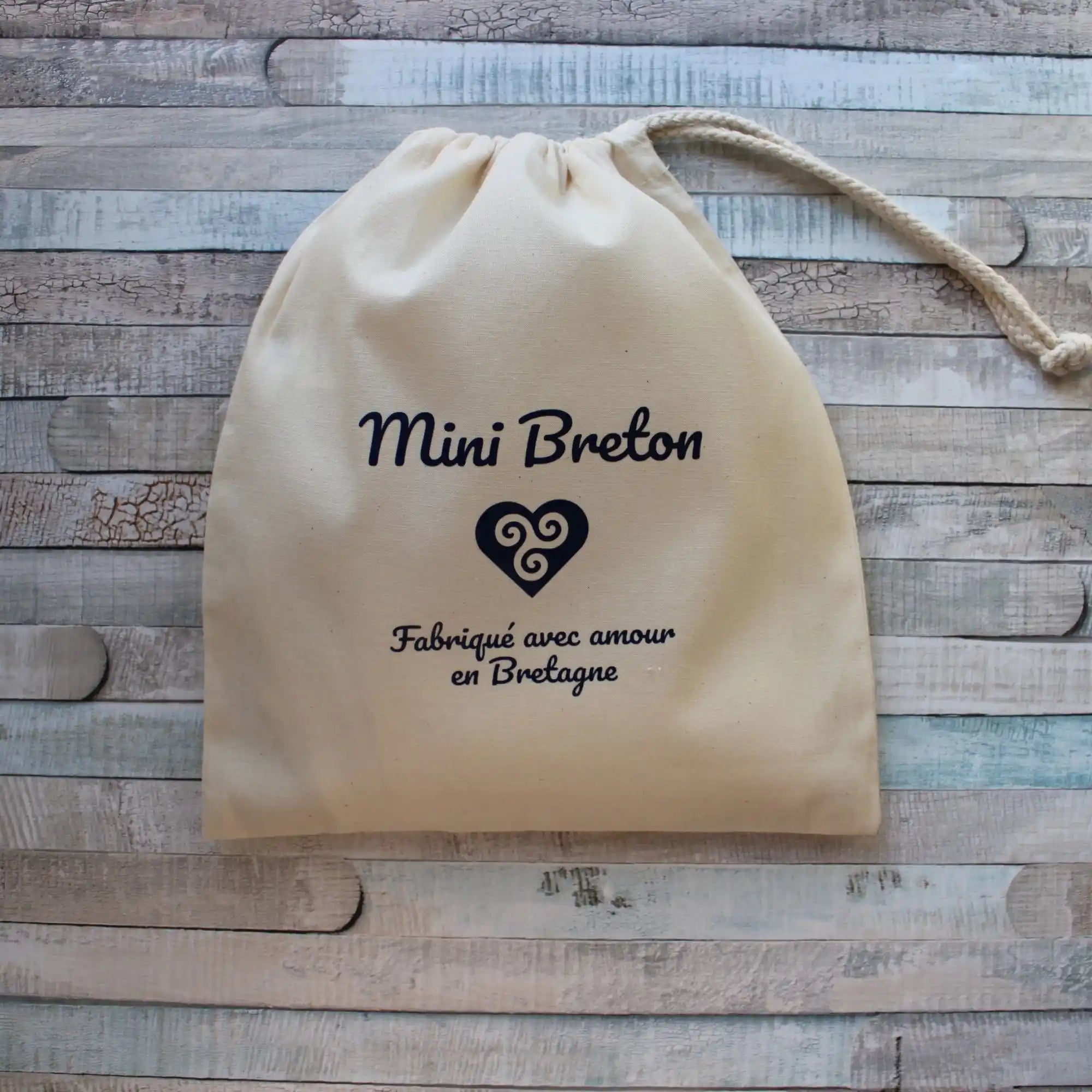 Pochon cadeau en coton naturel "Mini Breton", sac de rangement bébé personnalisé Bretagne, pochon fabriqué en Bretagne, emballage cadeau réutilisable bébé.