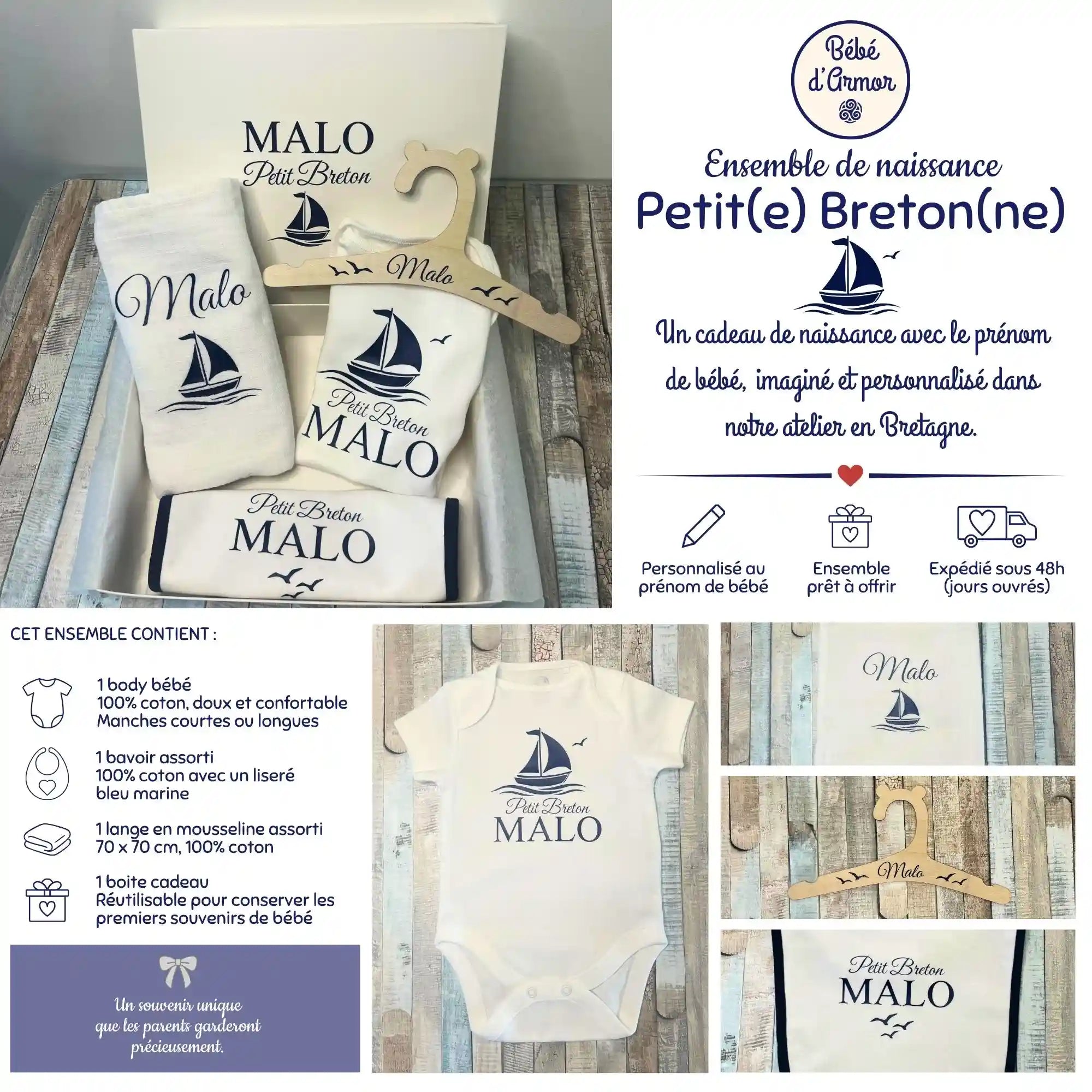 ensemble de naissance petit breton petite bretonne personnalisé au prénom de bébé bleu marine