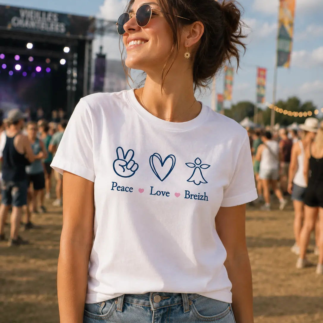 Tee-shirt blanc femme imprimé Peace Love Breizh porté avec un style décontracté lors d’un festival